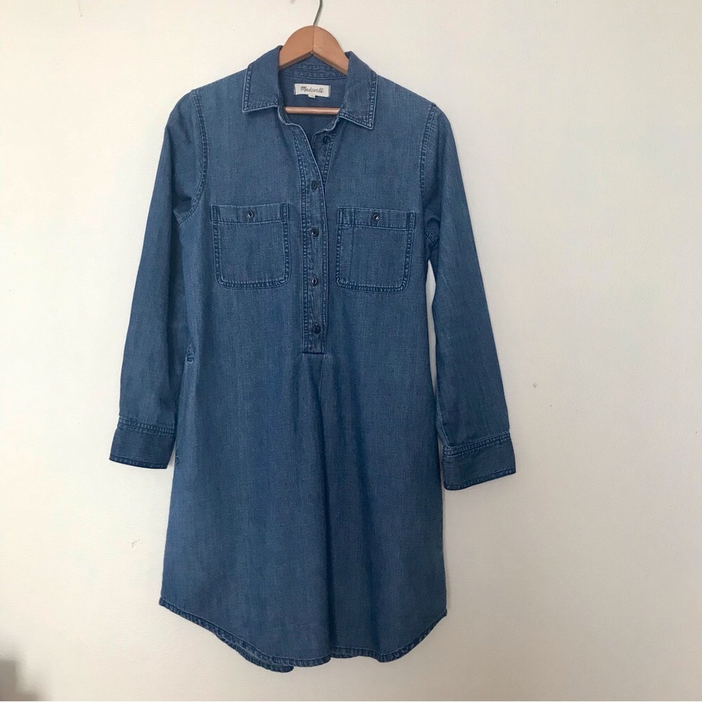 Madewell Denim Shirt Dress Long Sleeves with Buttons and Front Pleat EUC